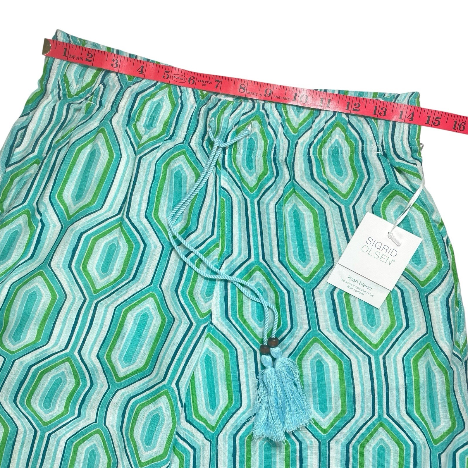 NEW Sigrid Olsen Linen Blend Coastal Beach Pants Womens M Blue Aqua Geometric