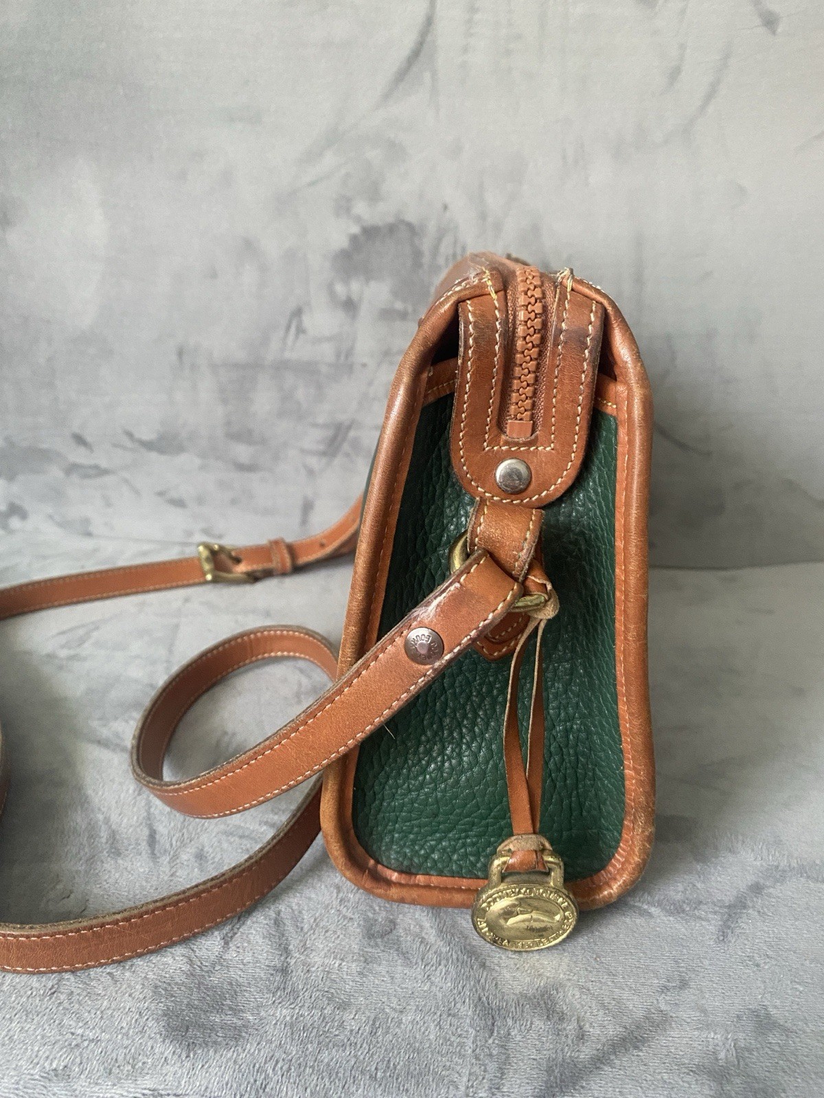 Dooney & Bourke Green/Brown Small Crossbody Bag Zip, Adjustable Strap, Gold