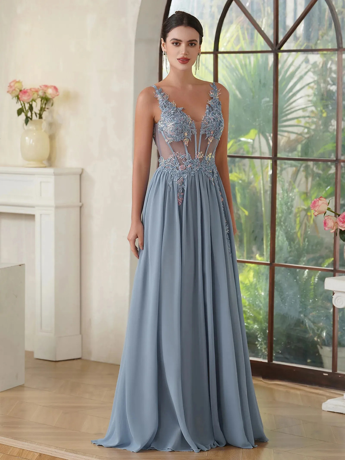Shiny Appliques A Line Evening Dresses Elegant Prom Gown Formal Vestido De Gala