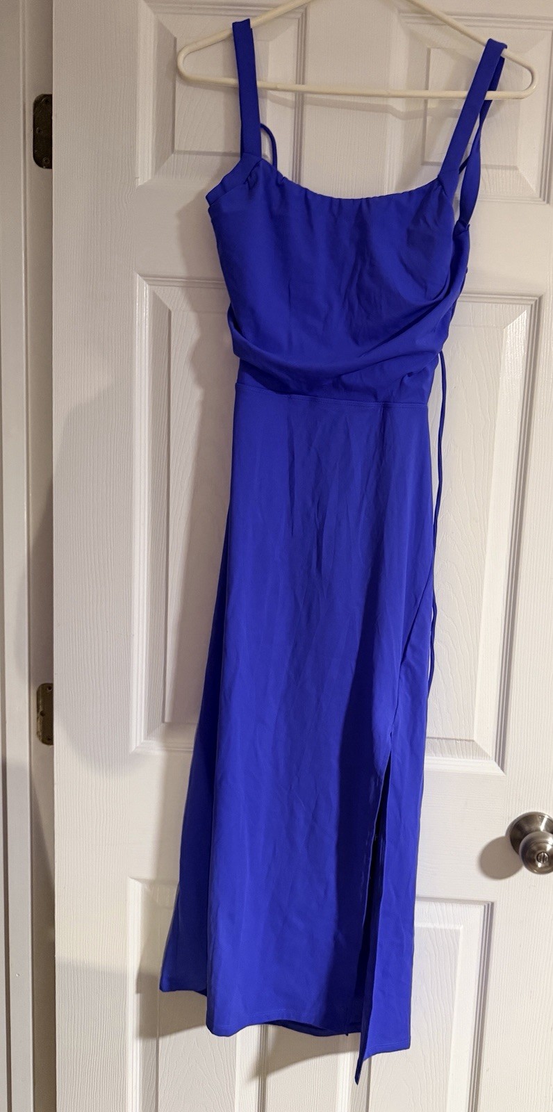 Halara Blue Midi Slip Dress L Square Neck Strappy Tie Back Stretch