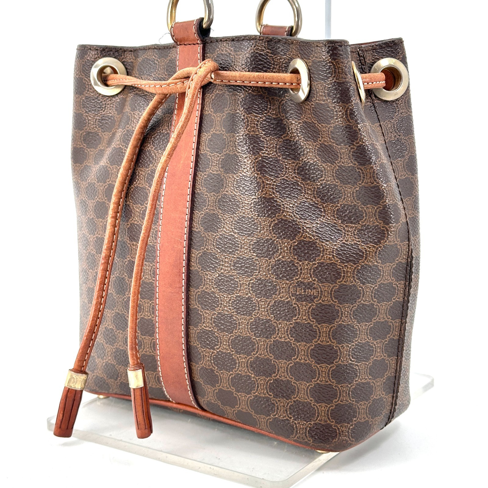 Vintage CELINE Macadam Drawstring Bucket One Shoulder Bag PVC Leather Brown