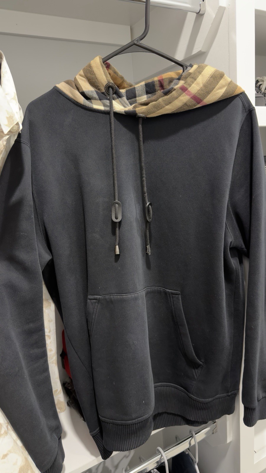 Burberry Black Cotton Fleece Pullover Hoodie Check Hood Logo Kangaroo Pocket M