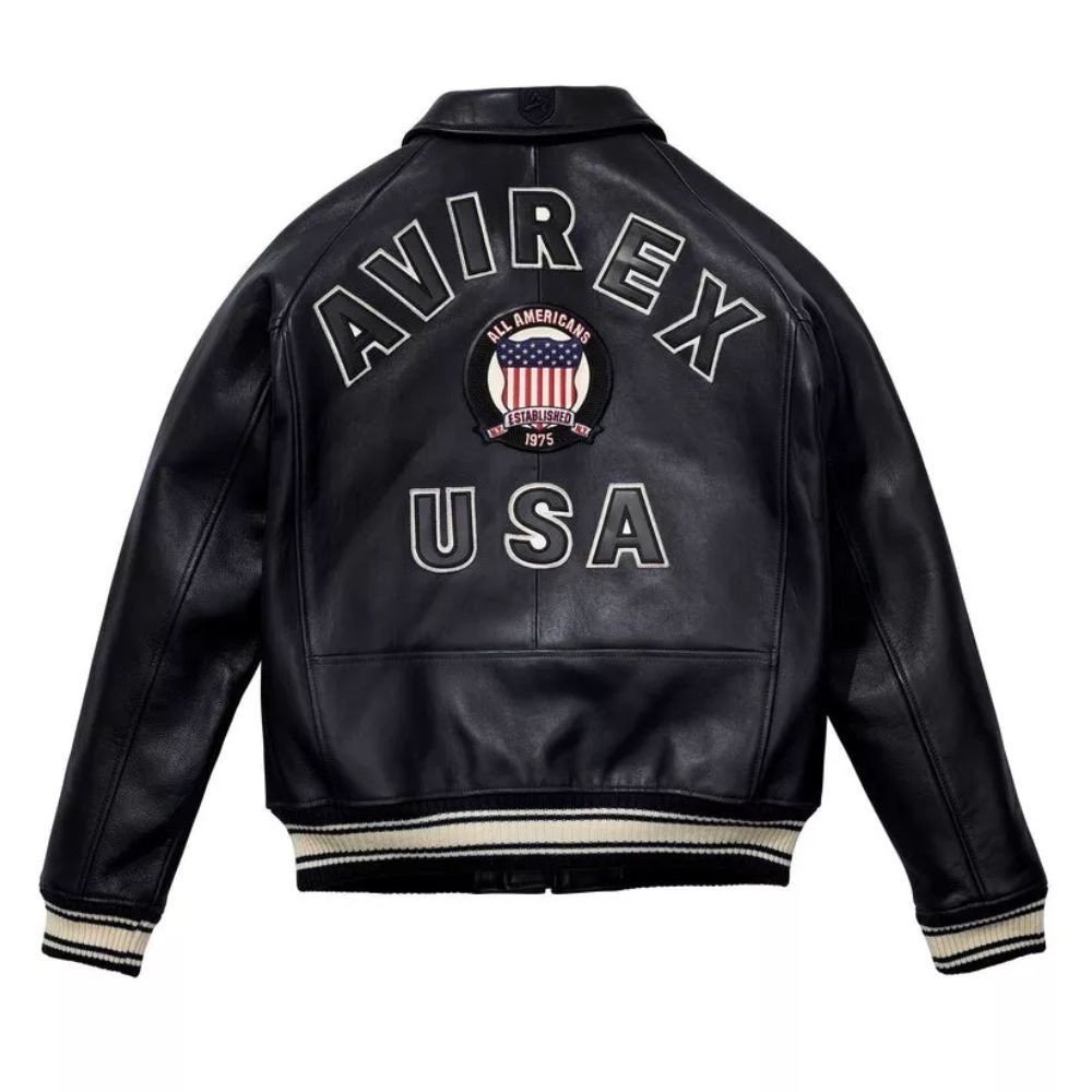Men’s Avirex Leather Jacket Black Real Cowhide Leather Bomber American Flight