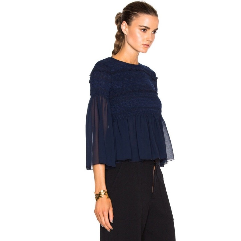 See By Chloe Dark Navy Peasant Top Sheer Sleeves Smocked Bodice Boho Sz 4