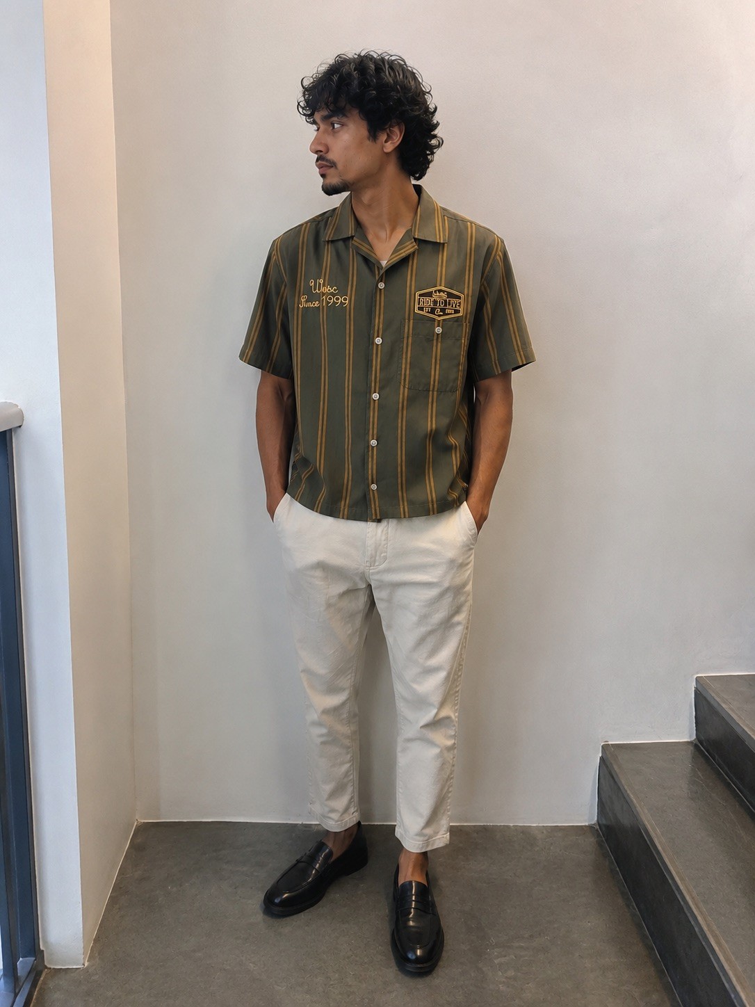 WeSC Men’s Cropped Camp Shirt Olive Green Striped Workwear Button Up Size M NWT