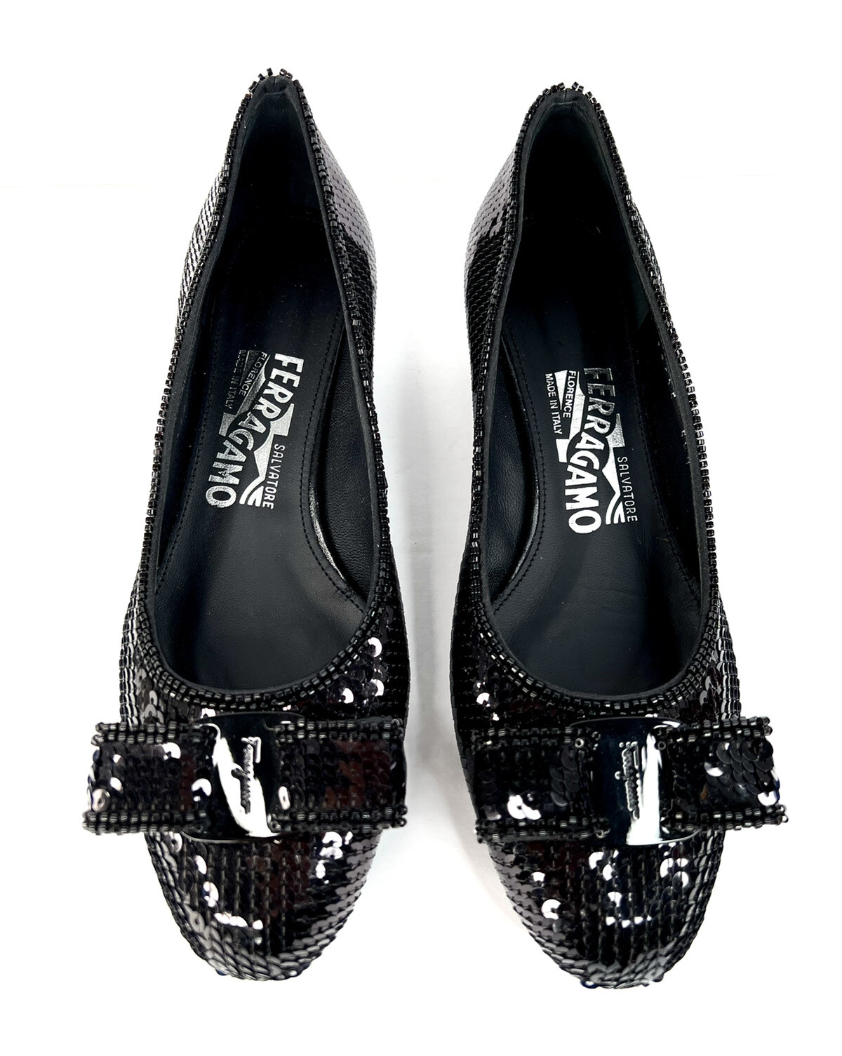 SALVATORE FERRAGAMO Vara Bow Black Sequin Block Heel Ballet Pumps Size 5.5