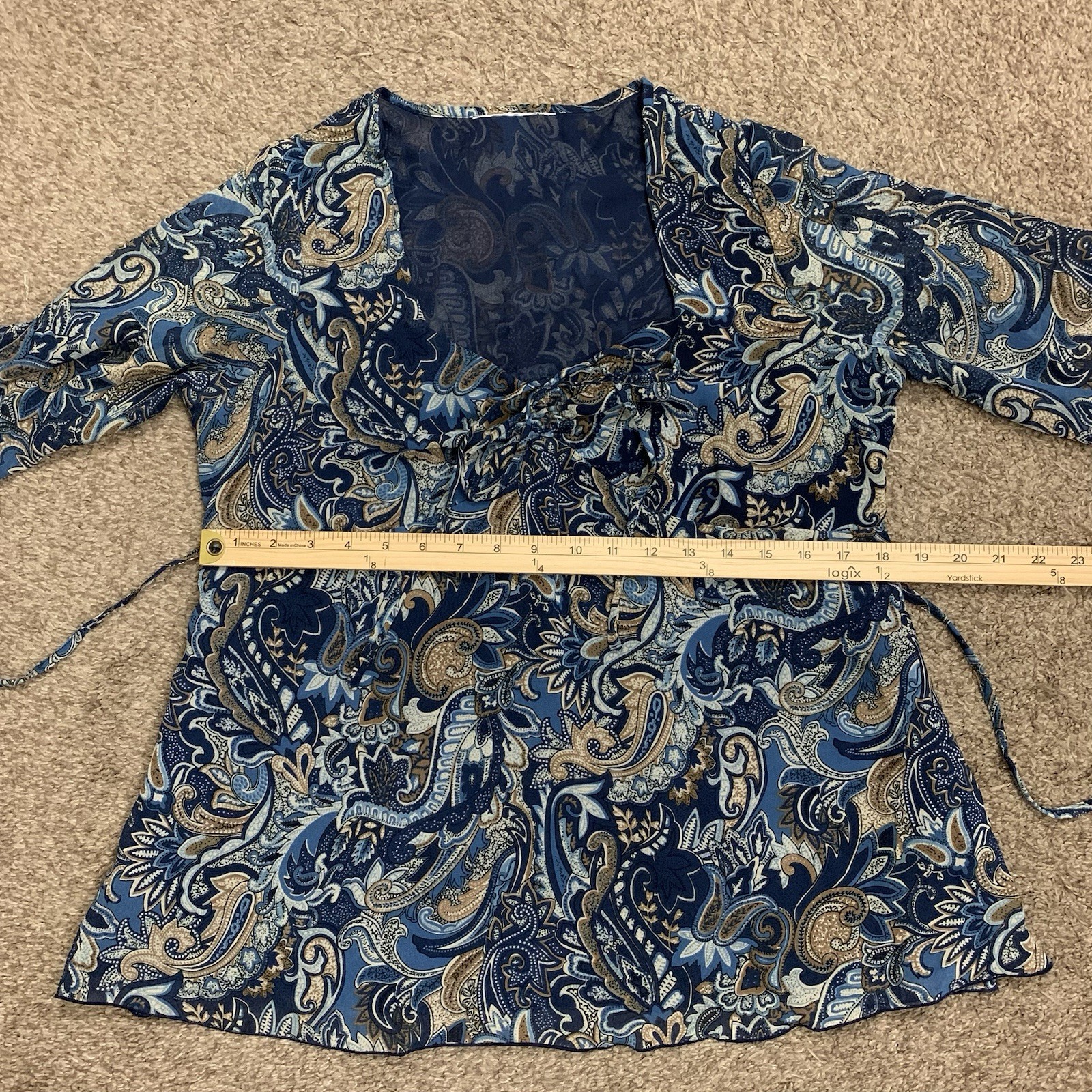 Vintage Y2K Top Womens Medium Blue Paisley Print Sheer Babydoll Feminine Blouse