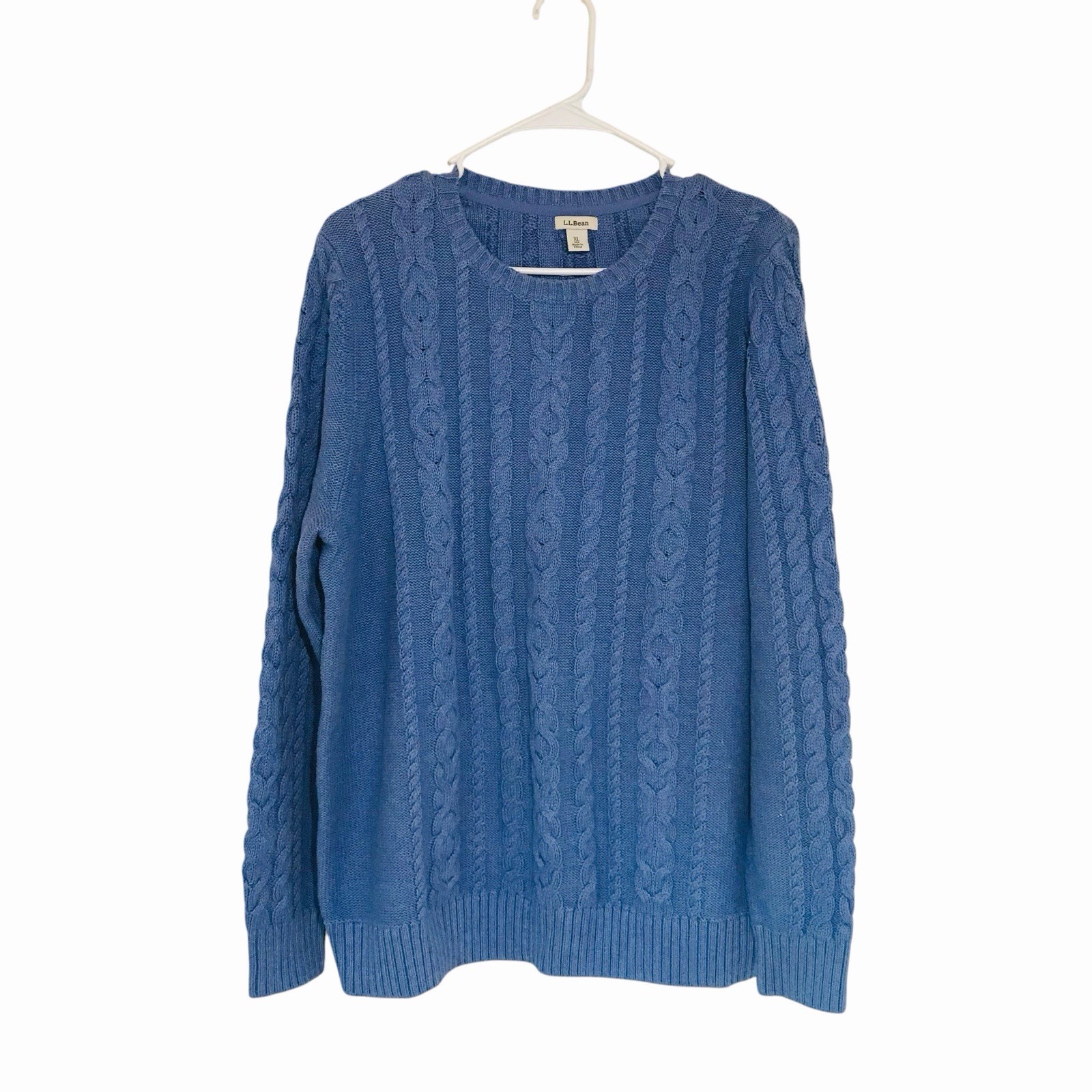 LL Bean Women’s Cable Knit Sweater Blue Fisherman Cotton Size XL