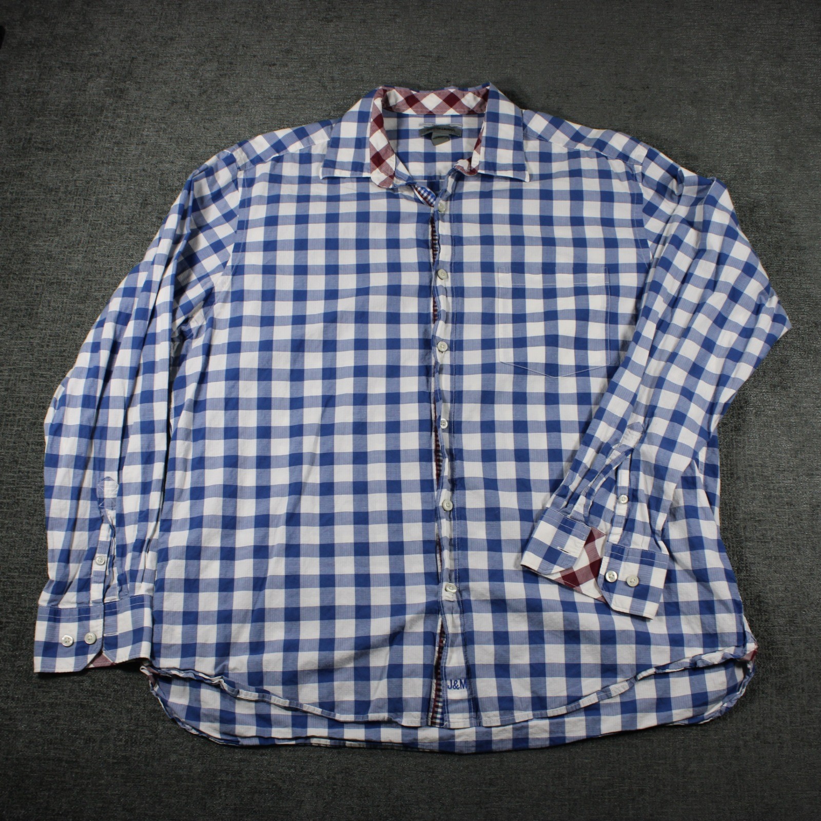 Johnston & Murphy XL Tailored Fit Blue White Gingham Check Button Down Shirt