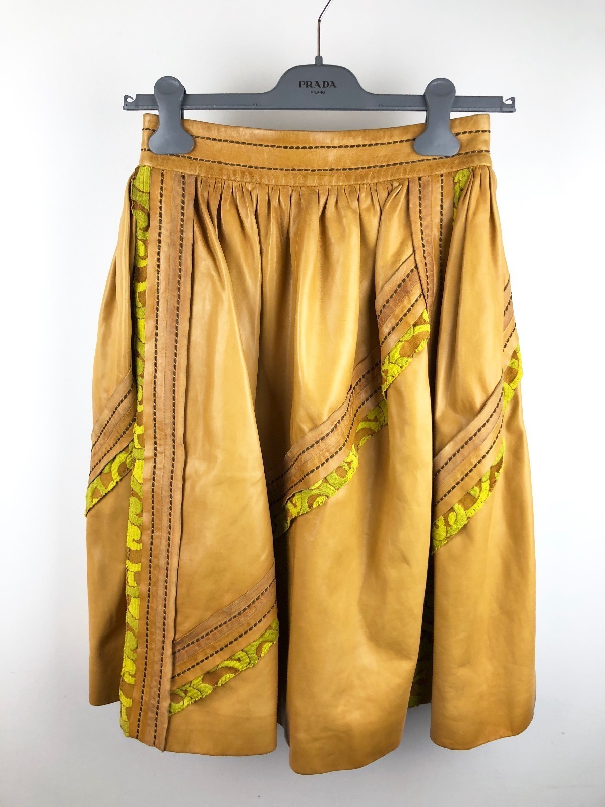 PRADA S/S 2015 RUNWAY Tan Nappa Leather Floral Jacquard Trim Skirt IT38/US4 NWT