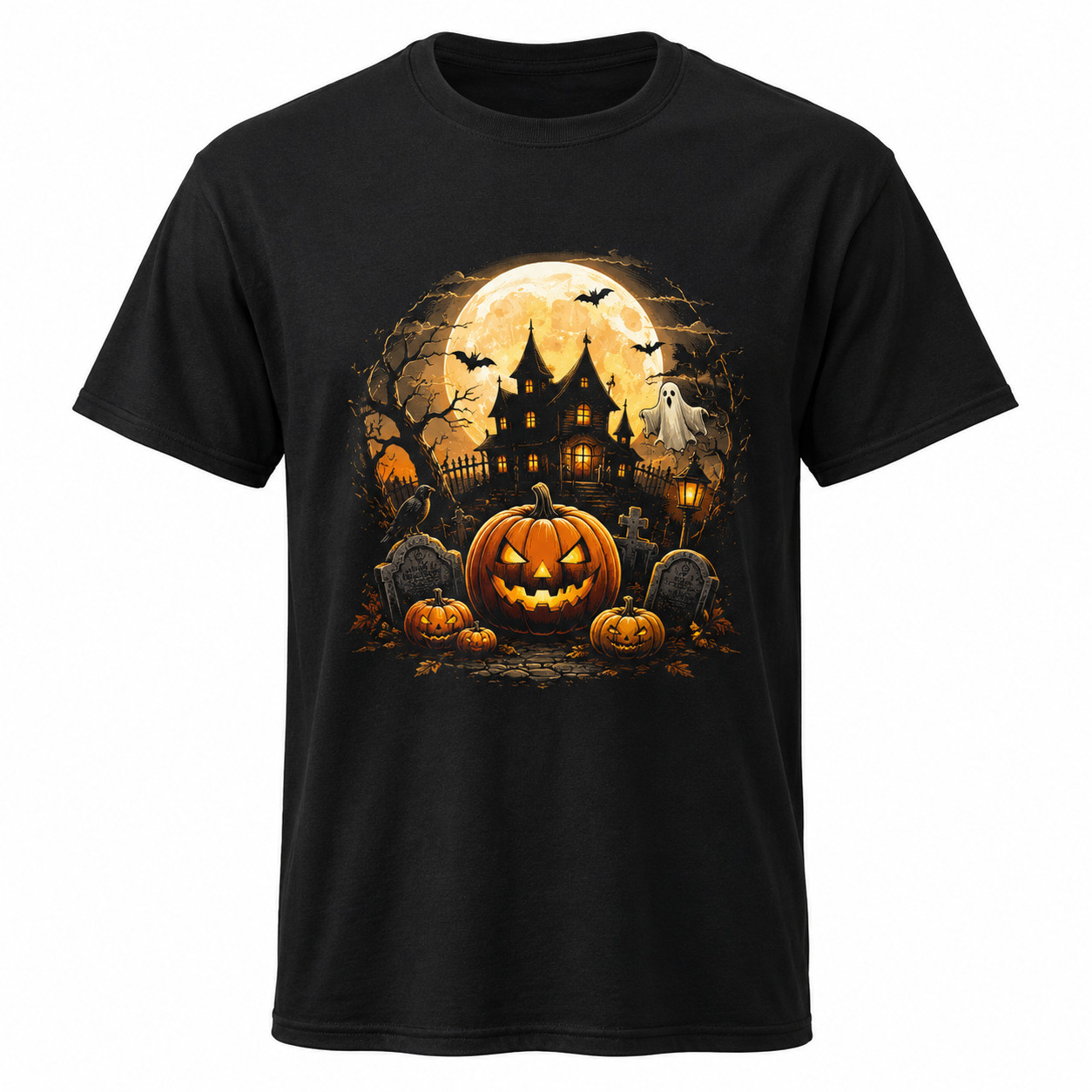Gildan Spooky Haunted House Pumpkin Full Moon Graphic T-Shirt S-5XL