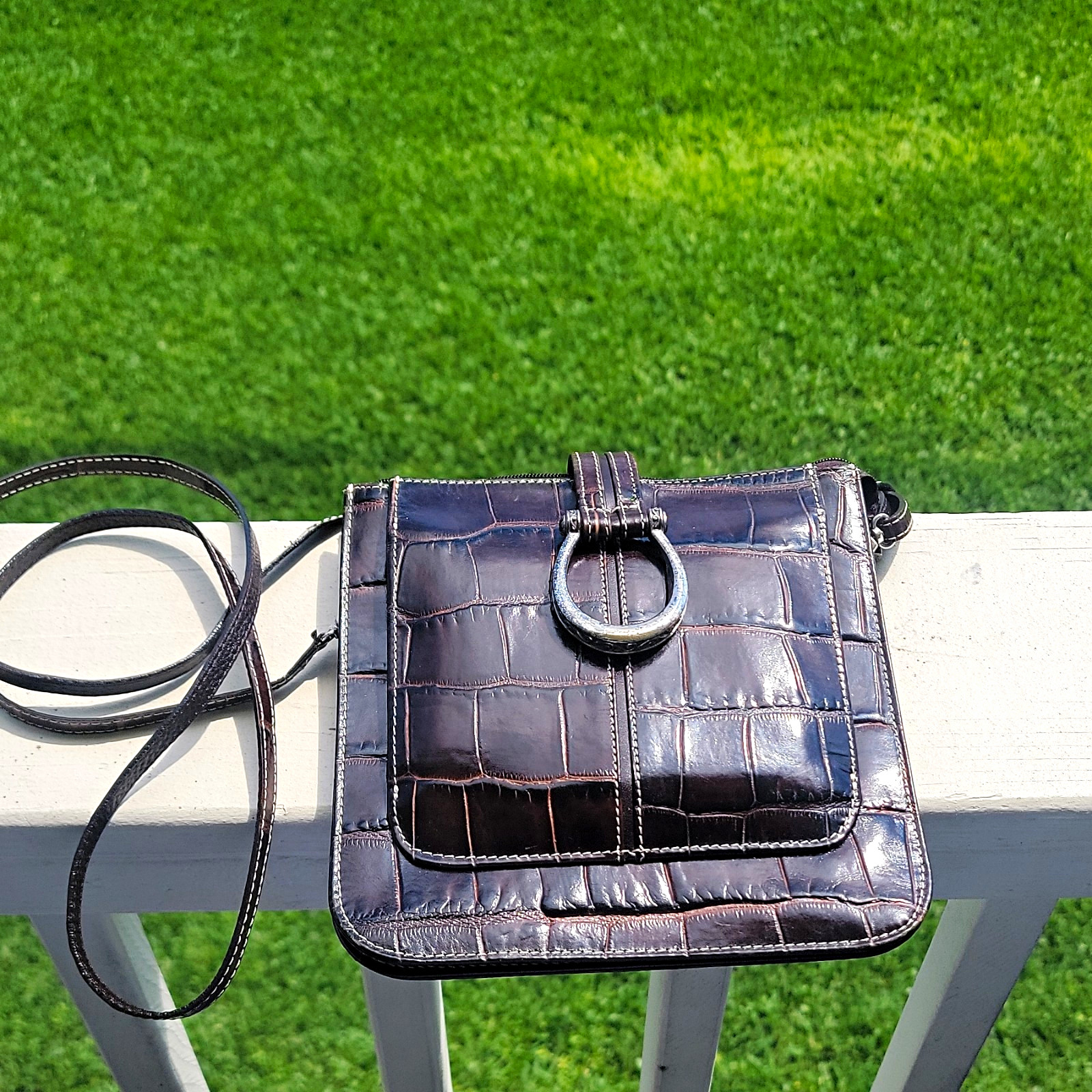 Brighton Brown Croc Embossed Ring Crossbody Bag Detachable Strap Silver