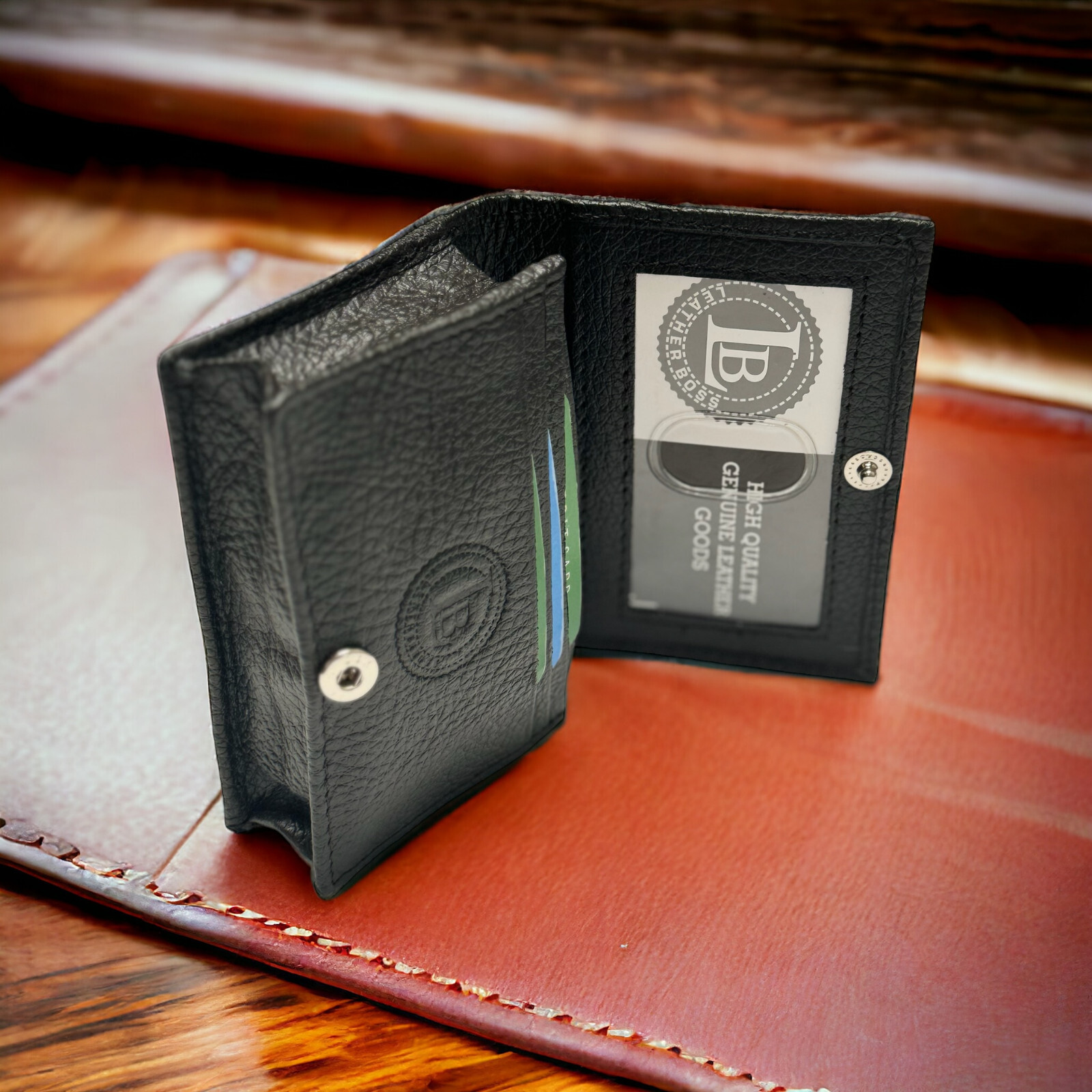 Leatherboss Leather Card Case Wallet with expandable pocket and snap closure
