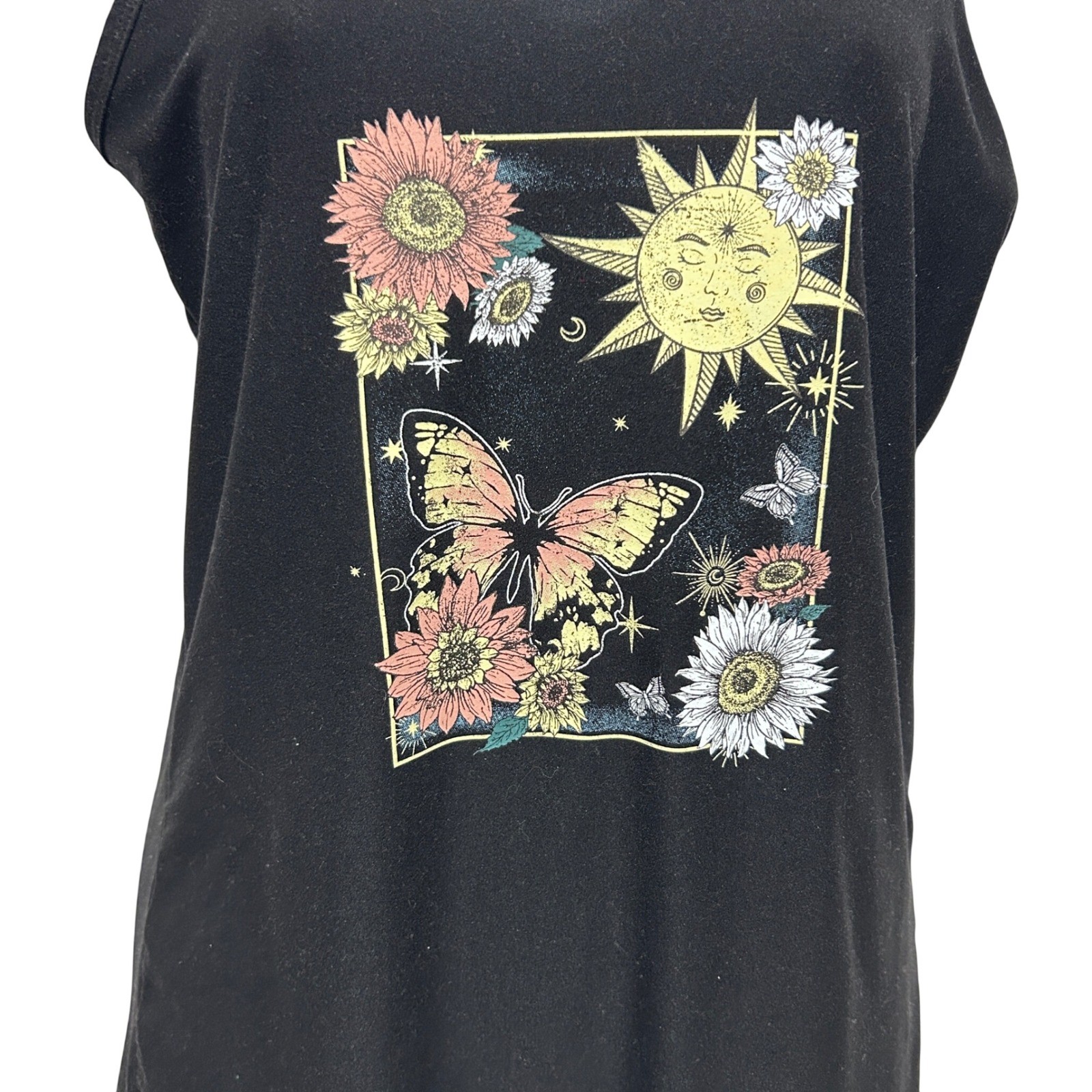 No Boundaries Juniors Tank Top L Black Celestial Butterfly Sun Moon Y2K Fairy