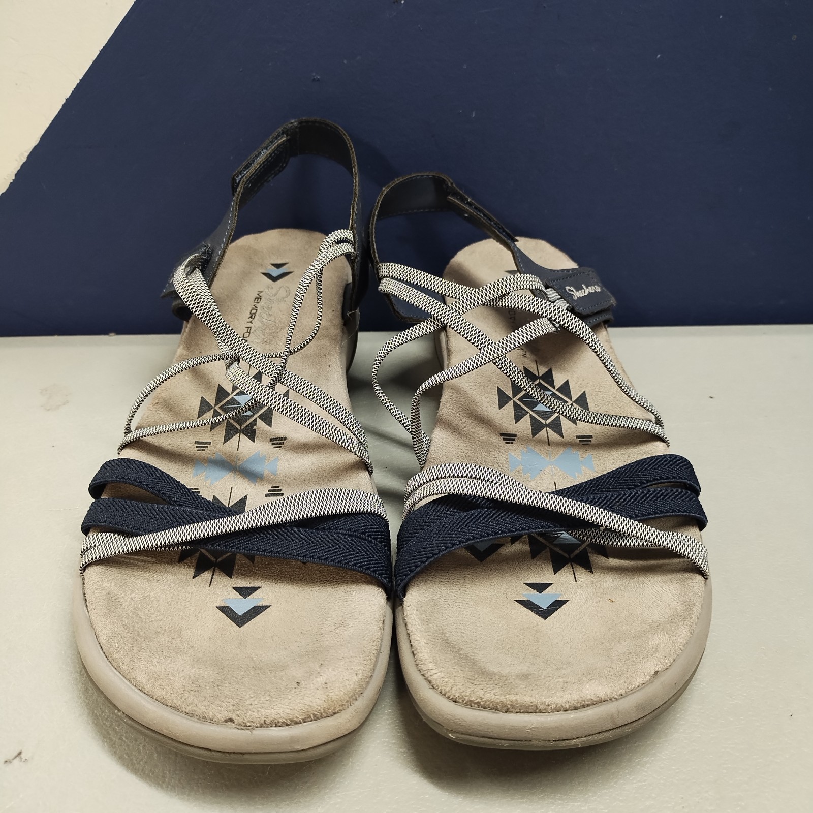 Skechers Reggae Slim Takes Two Sandals Women US 9 Blue Gray Memory Foam Open Toe