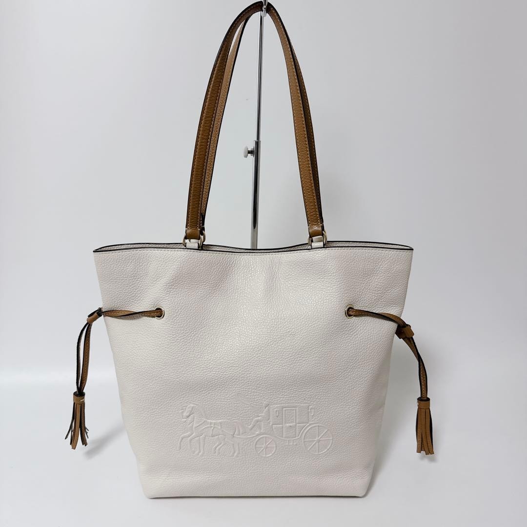 COACH Andy CA165 White Leather Tote Shoulder Bag Carriage Logo Tassel Auth