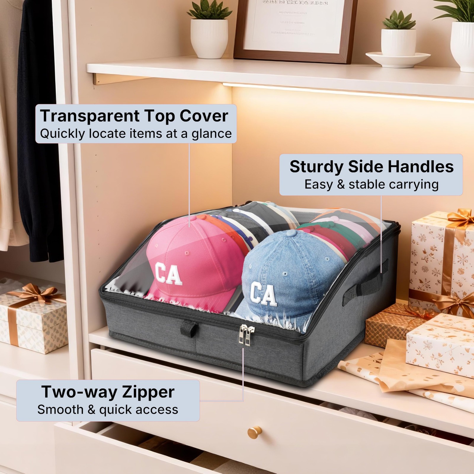 Funnacle Hat Organizer for Baseball 14.8 x 16 x 7 inches, Dark Grey 1 Pcs