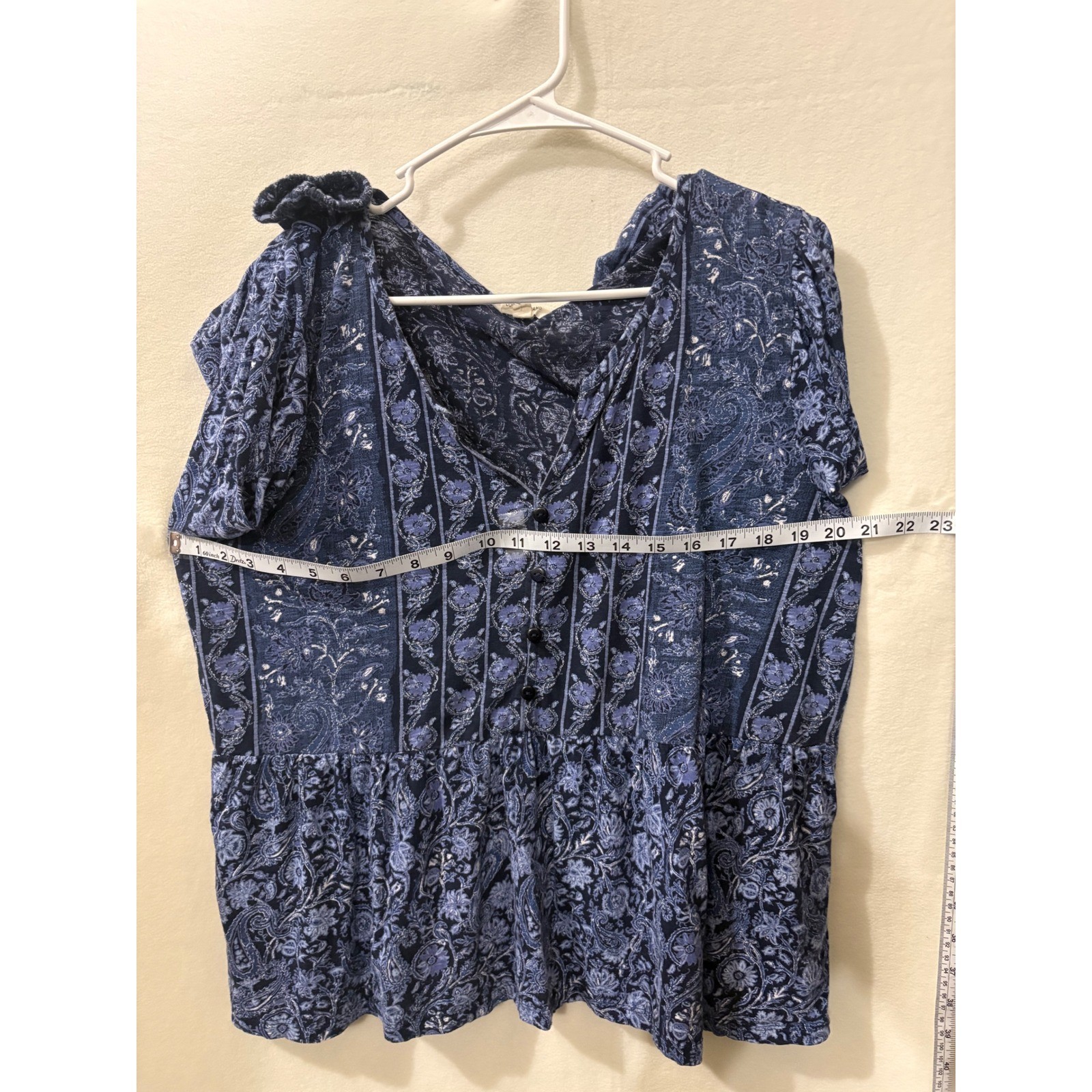 Lucky Brand Womens XL Navy Blue Paisley Floral Peplum Boho V-Neck Blouse Top