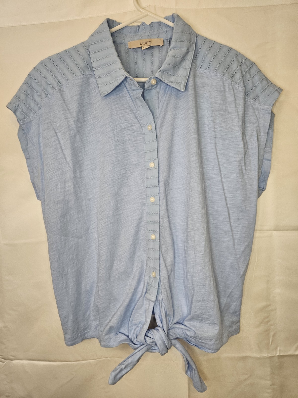 LOFT Light Blue Cap-Sleeve Button-Front Tie Hem Shirt