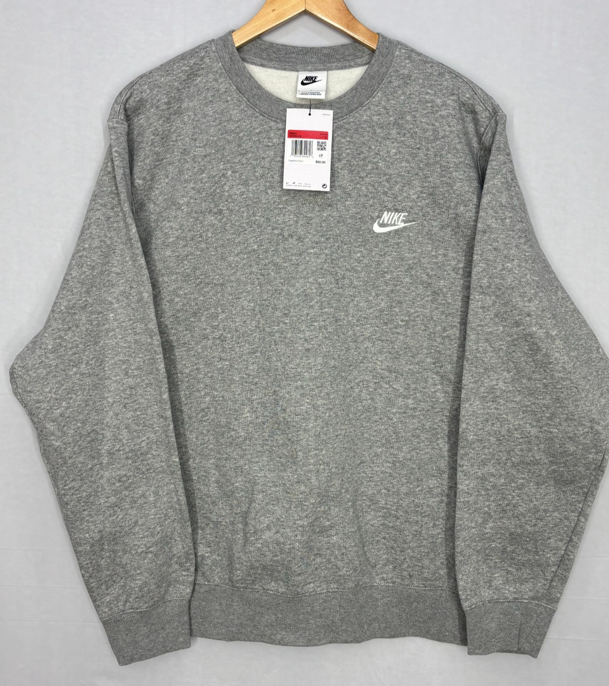 Nike Sportswear Club Fleece Sweatshirt Mens Heather Gray Crew Neck Outdoor Large