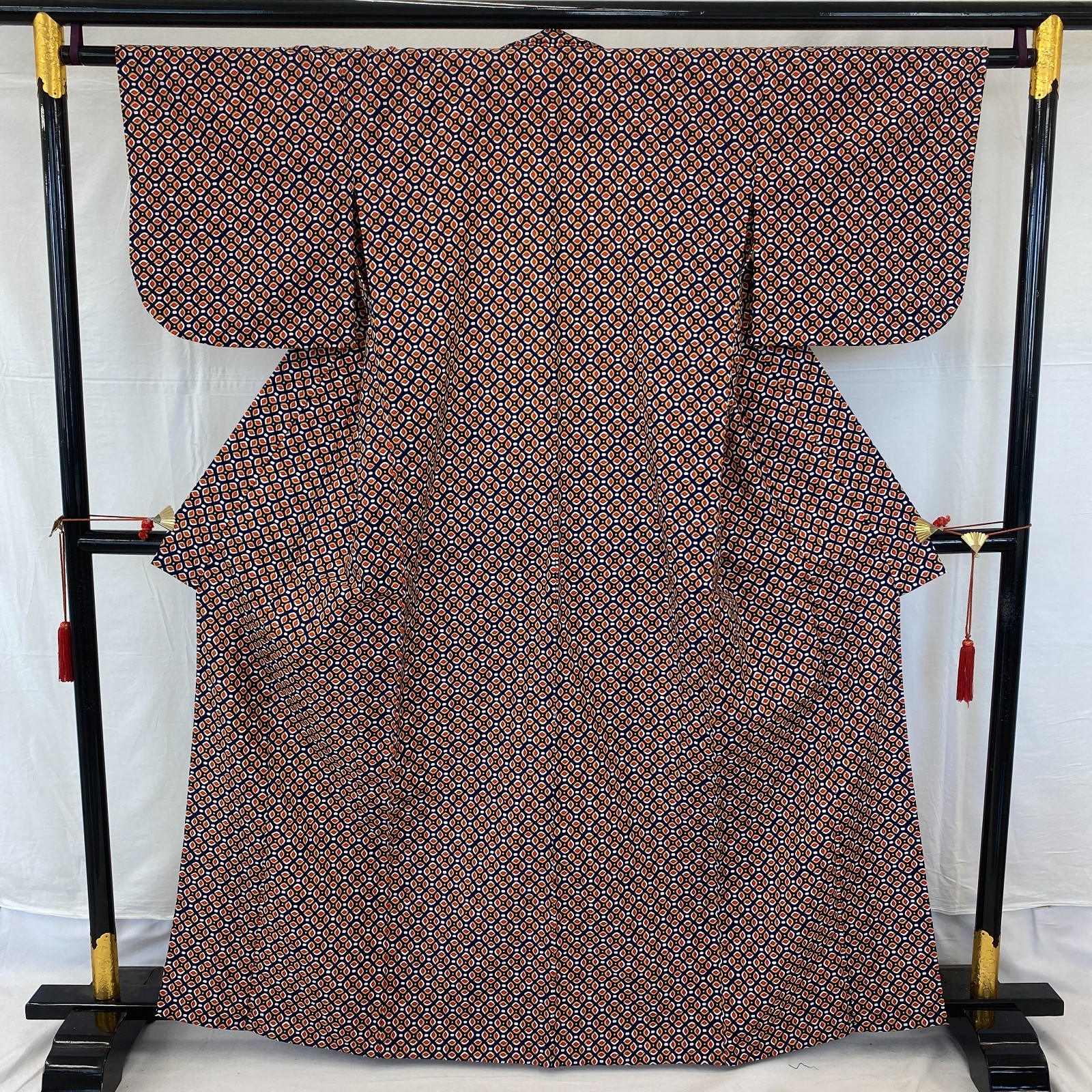 Japanese Vintage Kimono Polyester Navy No Lining Komon Traditional Length 63 in