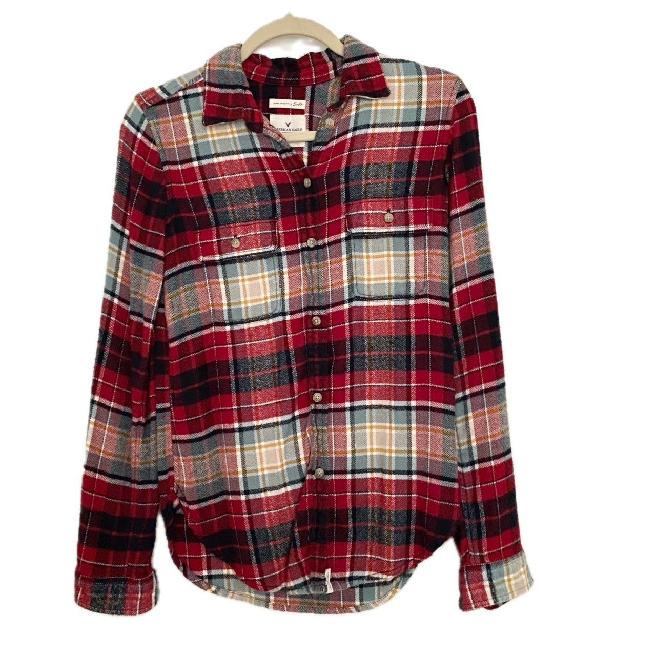 American Eagle Outfitters Red Plaid Flannel Shirt Classic Fit XS Soft Cabincore