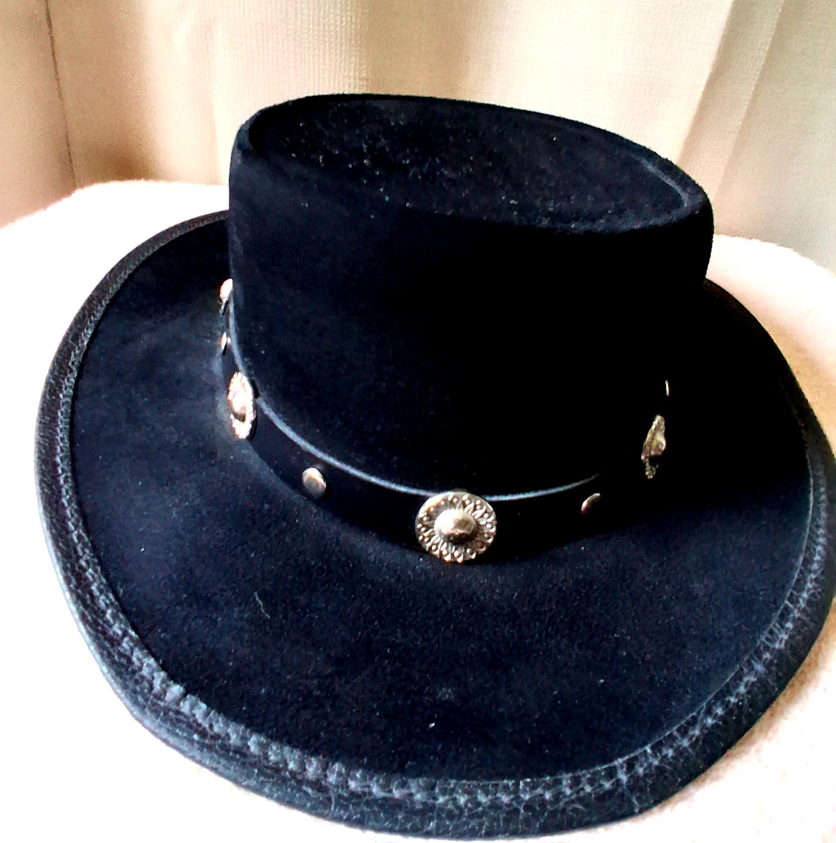 Vintage Winfield Cover Company Black Leather/Suede Hat Cowboy Western Adult S