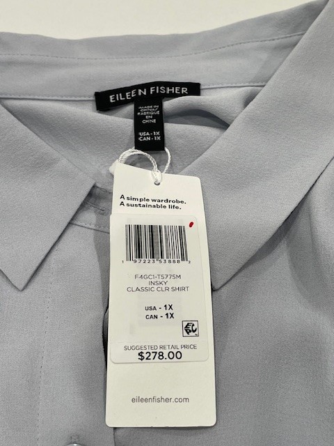 NWT! Eileen Fisher $278 1X ‘India Sky’ Lt Blue/Gray 100% Silk Shirt Machine Wash