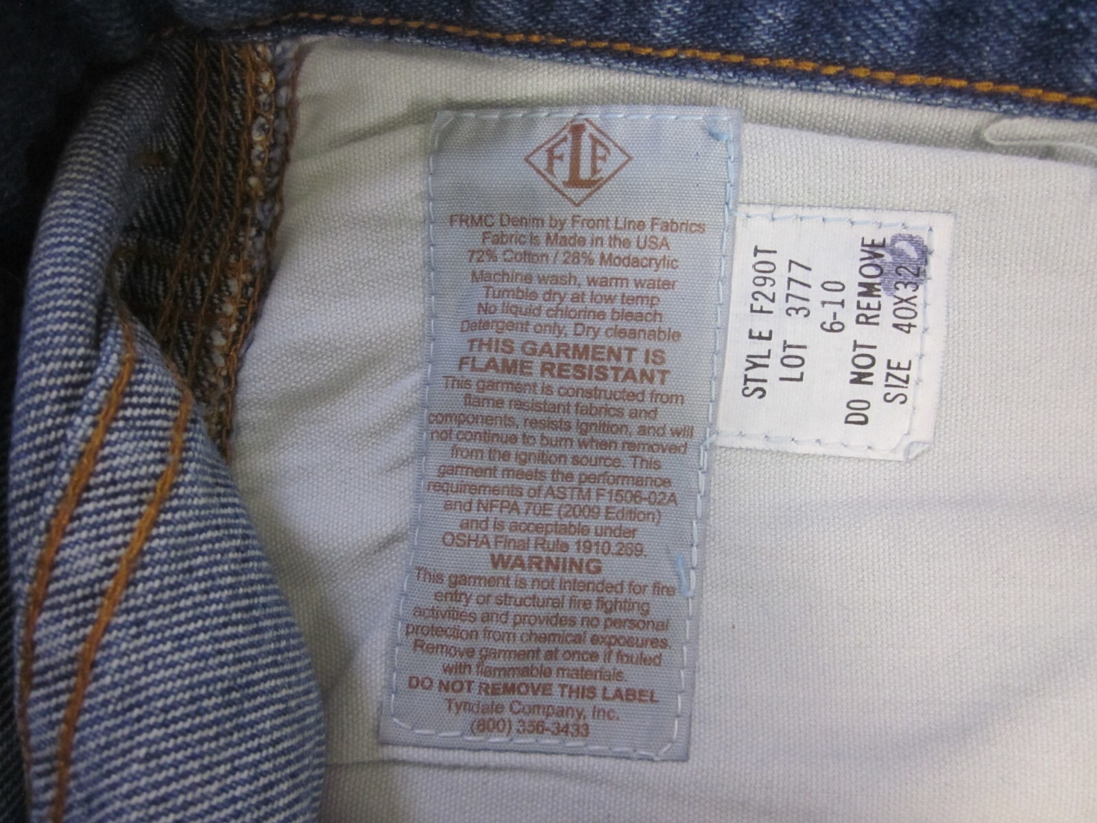 Tyndale FR Carpenter Cargo Blue Jeans W40 L27 Fire Resistant ATPV:15.1 USA F290T