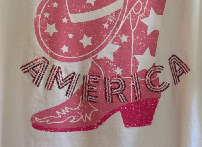 Peach Love Pink Womens Large White Sequin Cowboy Boots Hat Graphic T Shirt NWT