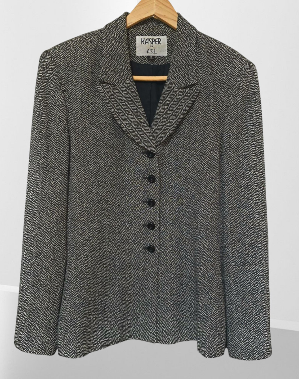 VTG Kasper for ASL Tailored Fit 5 button Jacket Black & White Herringbone Sz 8