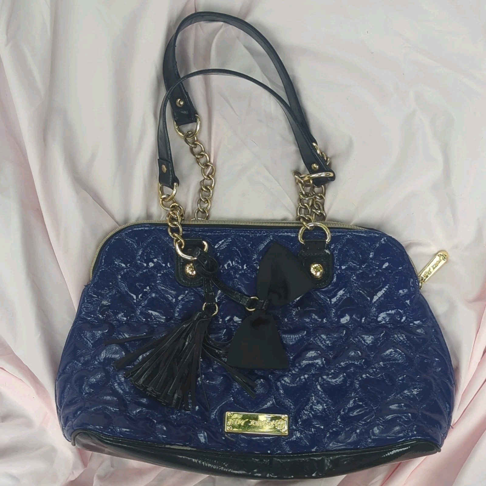 Betsey Johnson Blue Quilted Satchel Zip Top Gold Chain Handles Bow Tassel