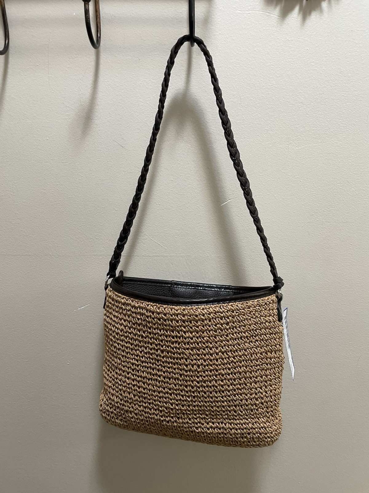 Brighton Tan/Black Woven Straw Look Shoulder Bag Turn Lock Braided Heart Charm
