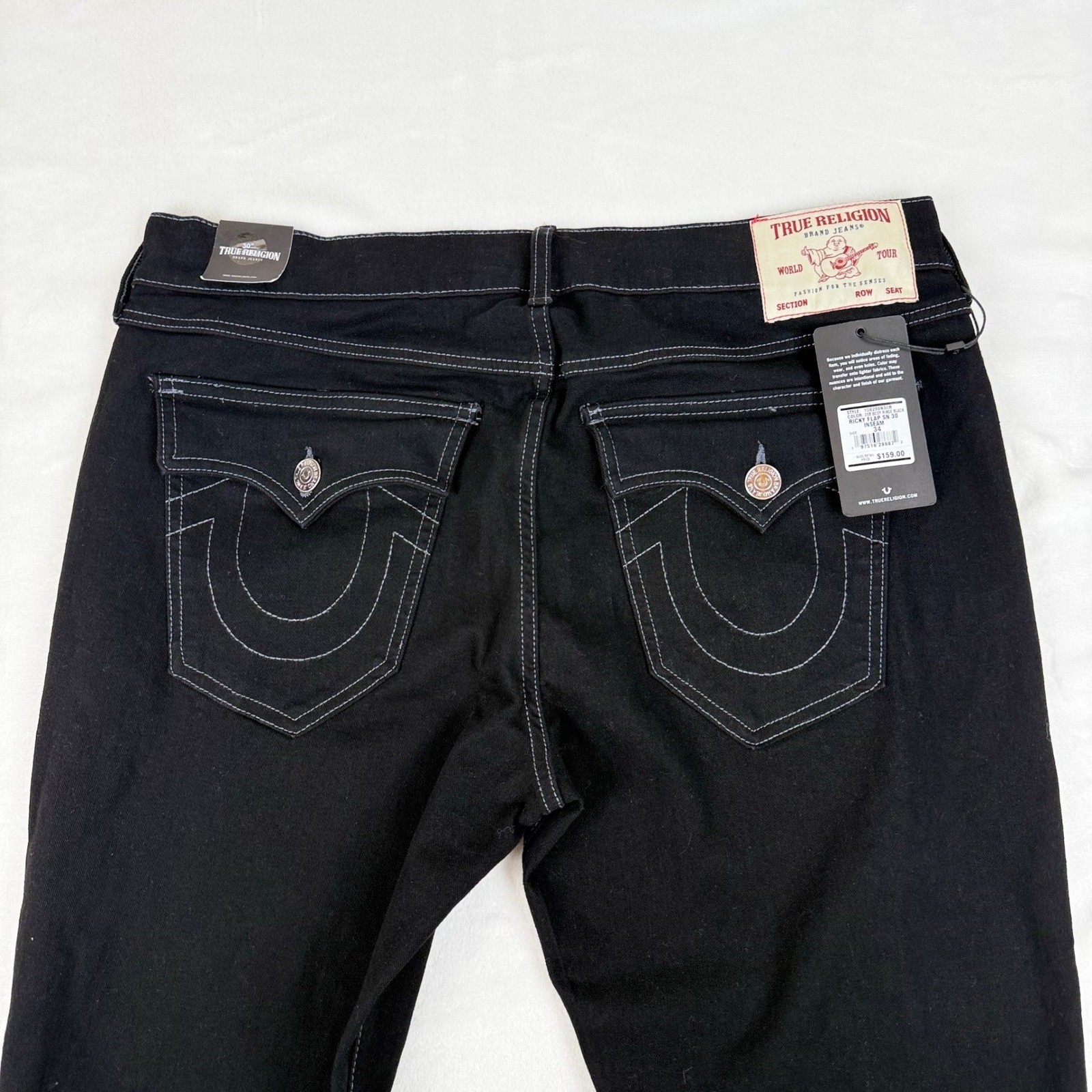 True Religion Ricky Flap SN Black Jeans Mens 34×30 (Fit 36×29) Straight Leg NEW