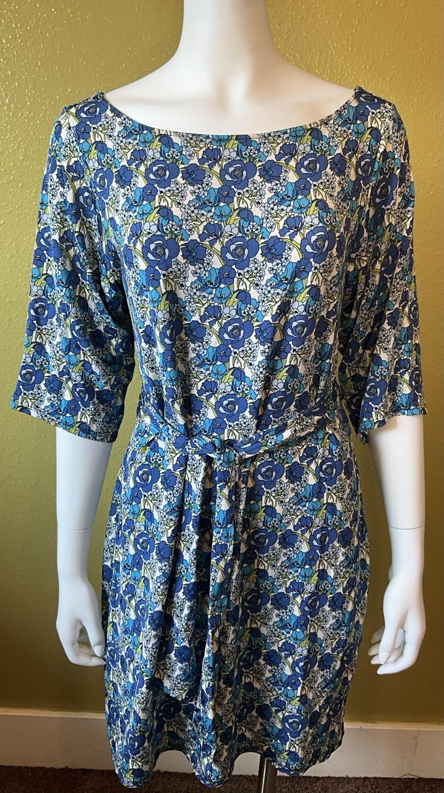 Leota Compass Rose A Line Dress Belted Blue Floral Print Made In USA NYC Spring