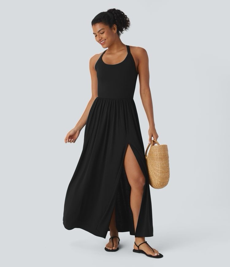 Halara Twisted Backless Split Flowy Maxi Resort Dress with Pockets Small NWT