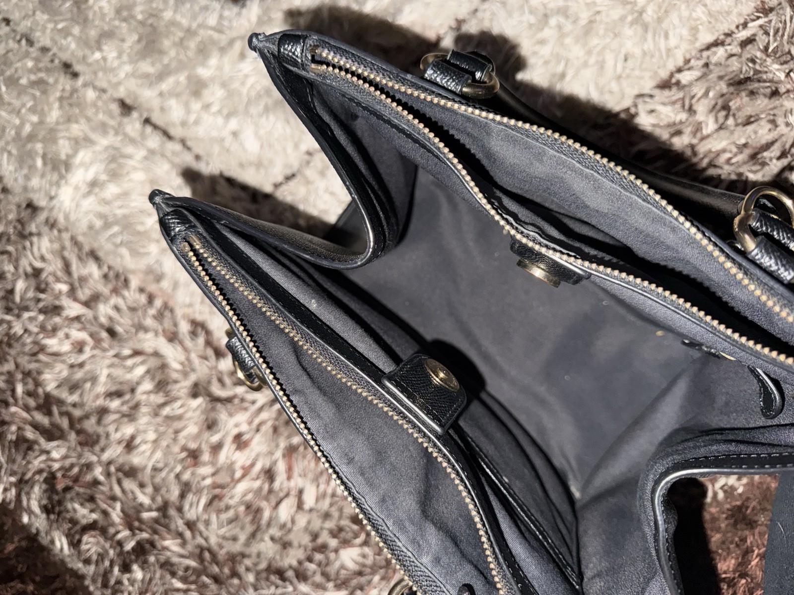 Coach Madison Black Pebbled Satchel Top Handle Double Zip Pockets Studs Gold