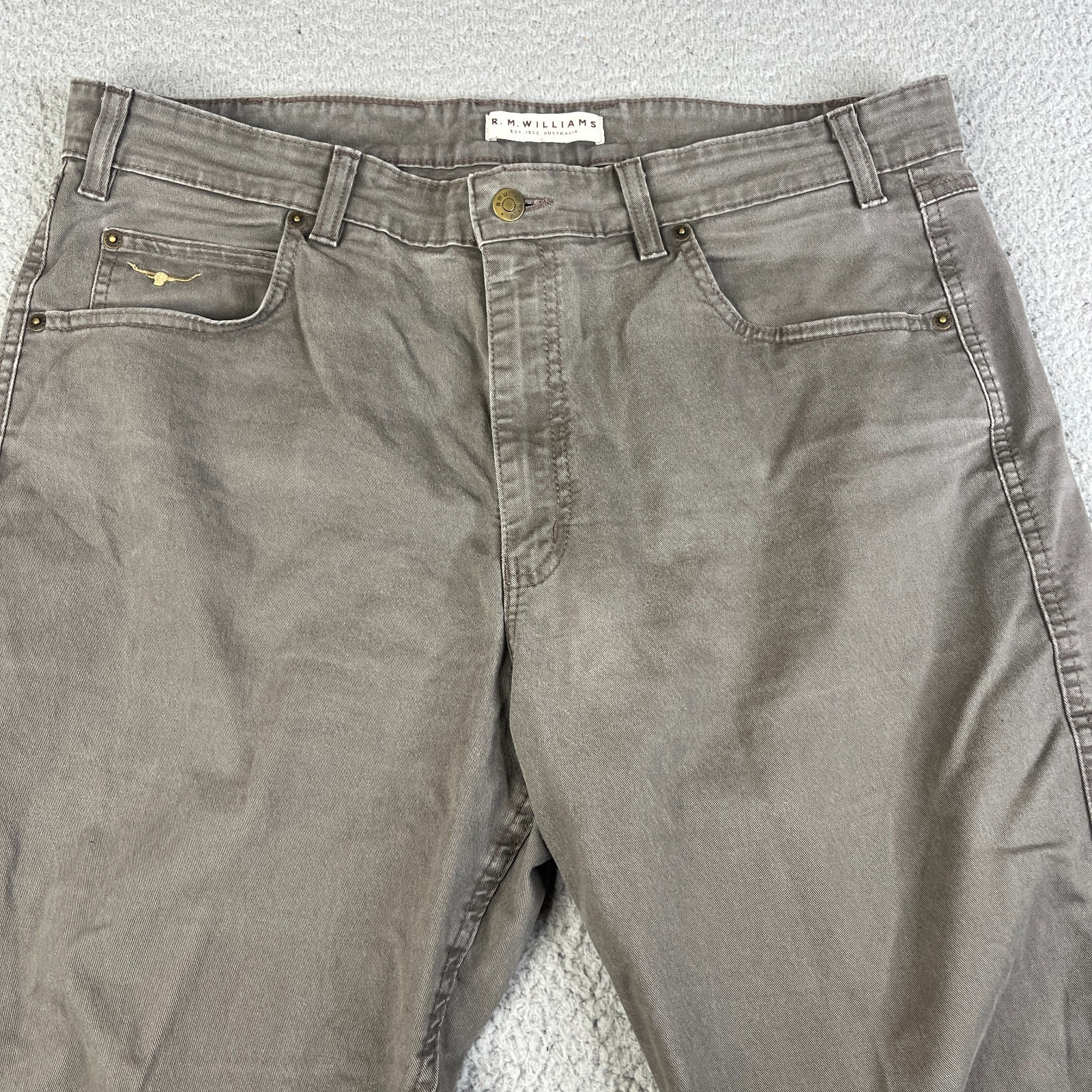 R.M Williams Jeans Men 38×32 Khaki Green Straight Leg Premium Denim Australia