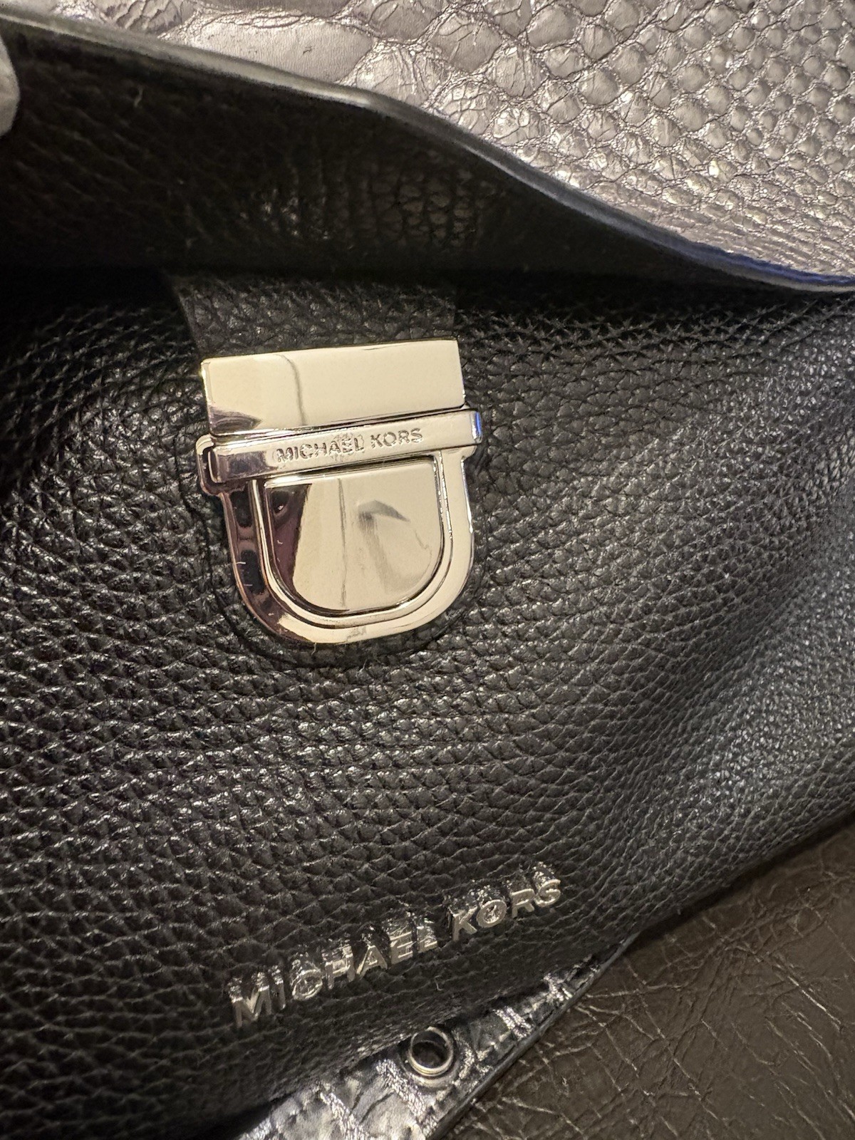 Michael Kors Black Satchel w Snake Print Flap, Silver Hardware & wallet