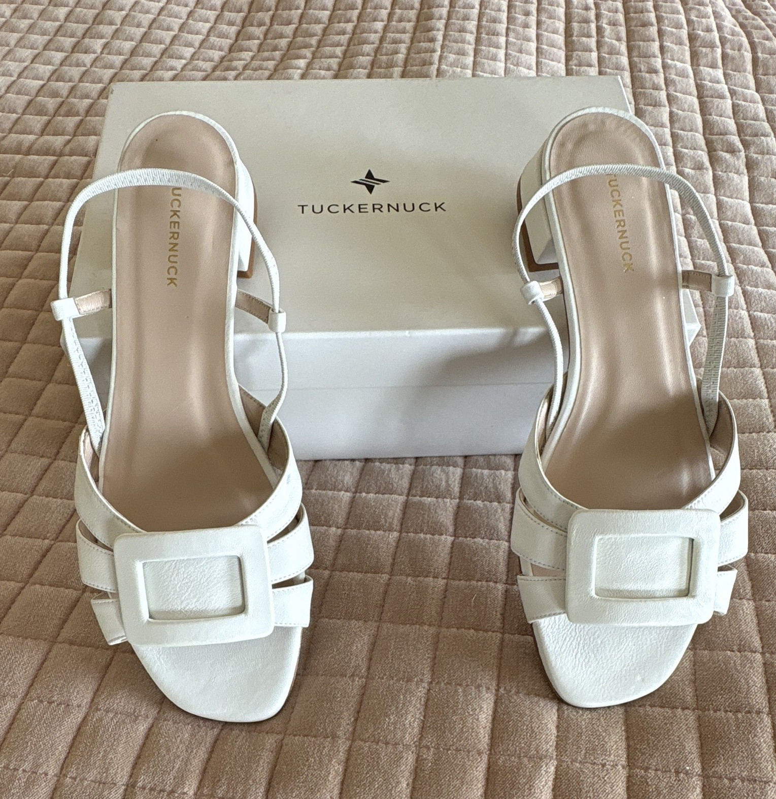 Tuckernuck Women’s White Leather Strappy Buckle Open Toe Block Heel, 10