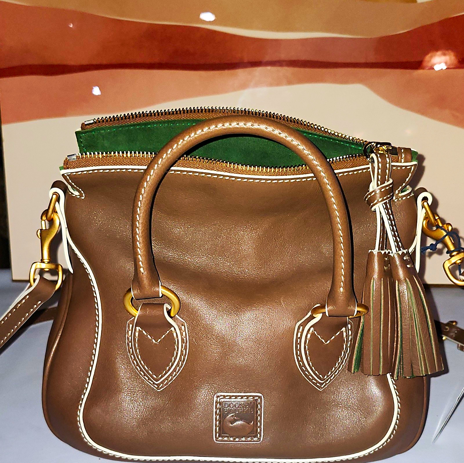 Dooney & Bourke Small Brown Satchel Zip Top Tassel Gold Hardware Inner Pockets