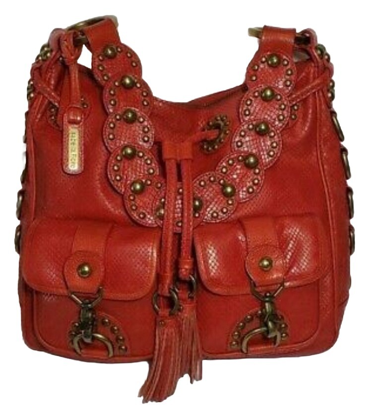 ISABELLA FIORE SNAKE CHARMER RED STUDDED EMBOSSED LEATHER SHOULDER HANDBAG $695