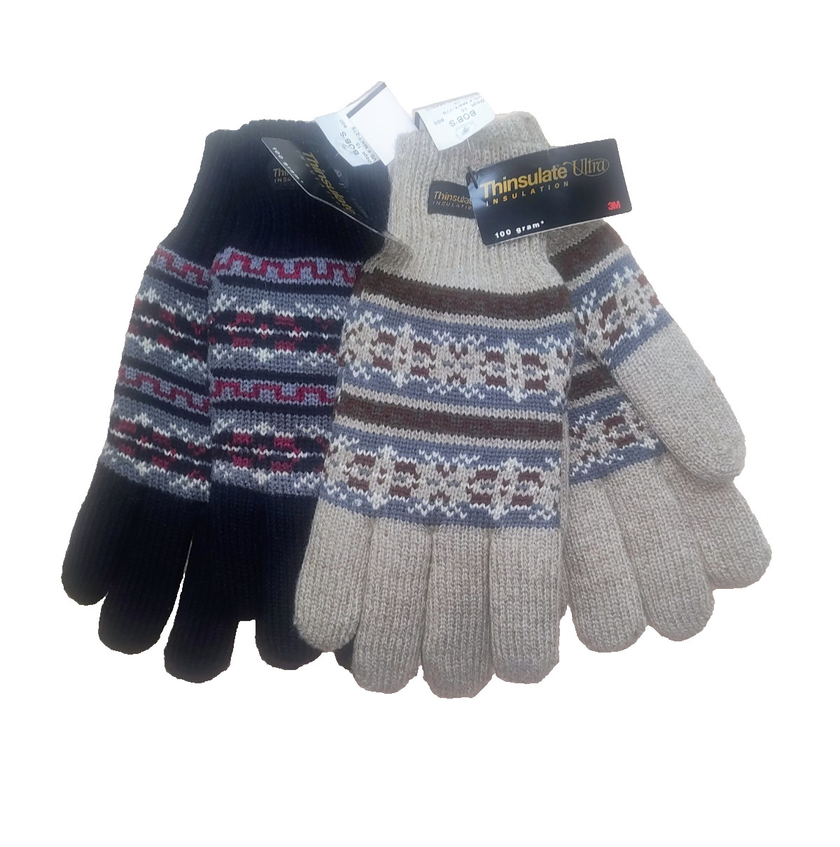 2 Prs Vtg Thinsulate Plus Acrylic Mohair Blend Gloves Brown Black Fair Isle NWT
