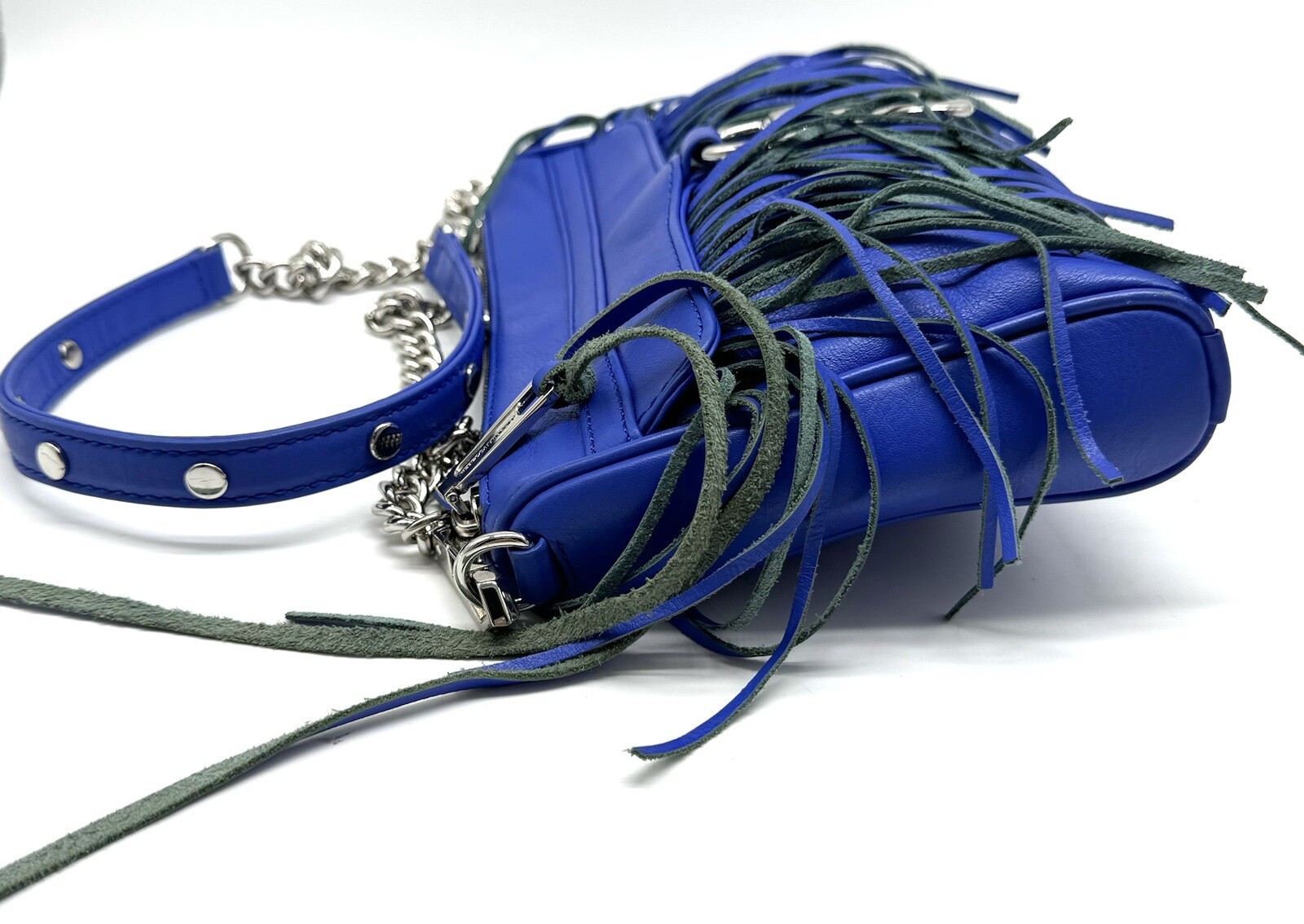 Rebecca Minkoff Mini MAC Fringe Crossbody Bag Cobalt Blue Leather Chain NWOT