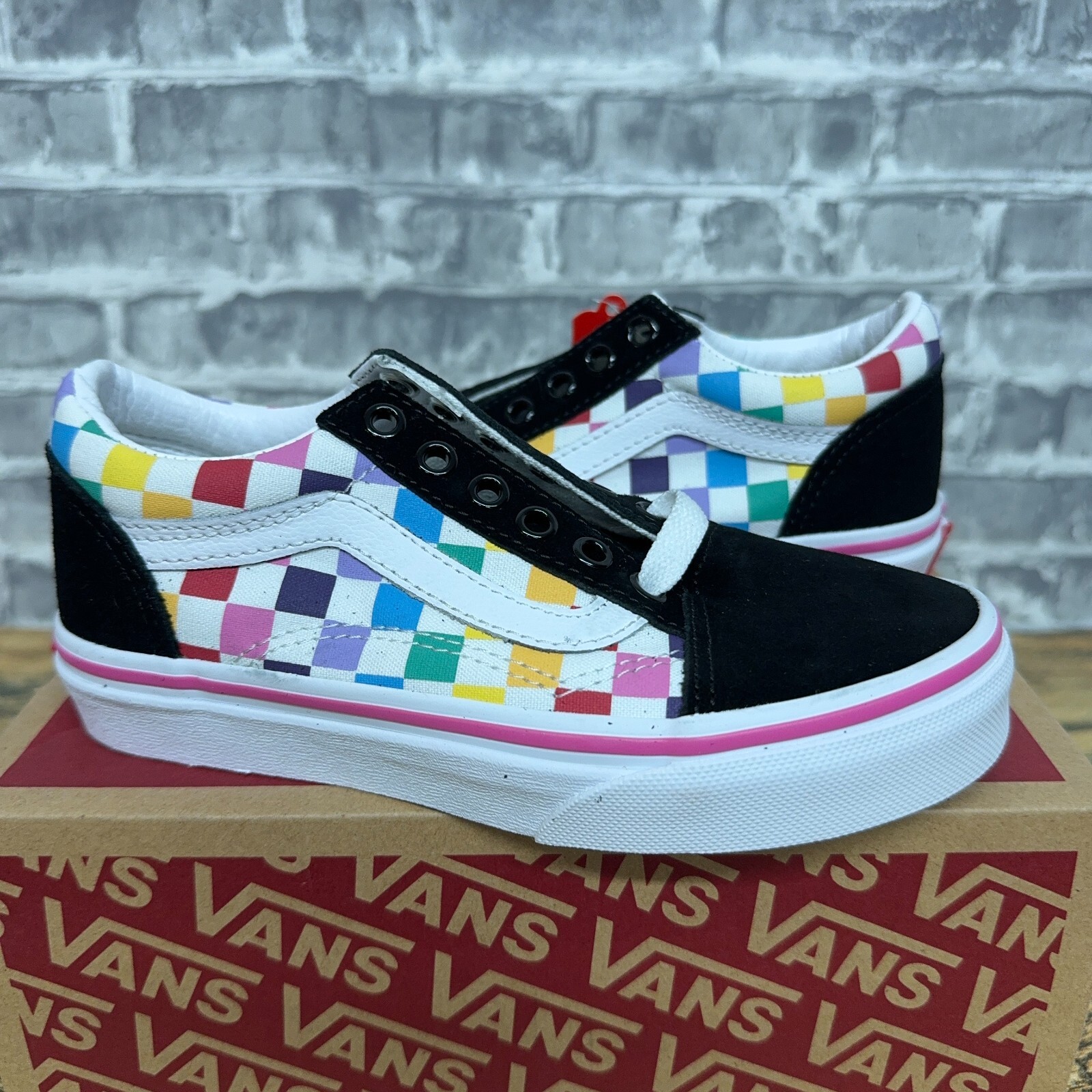 Vans Old Skool Rainbow Checkerboard Black Multicolor Little Kids Size 11.5 K New