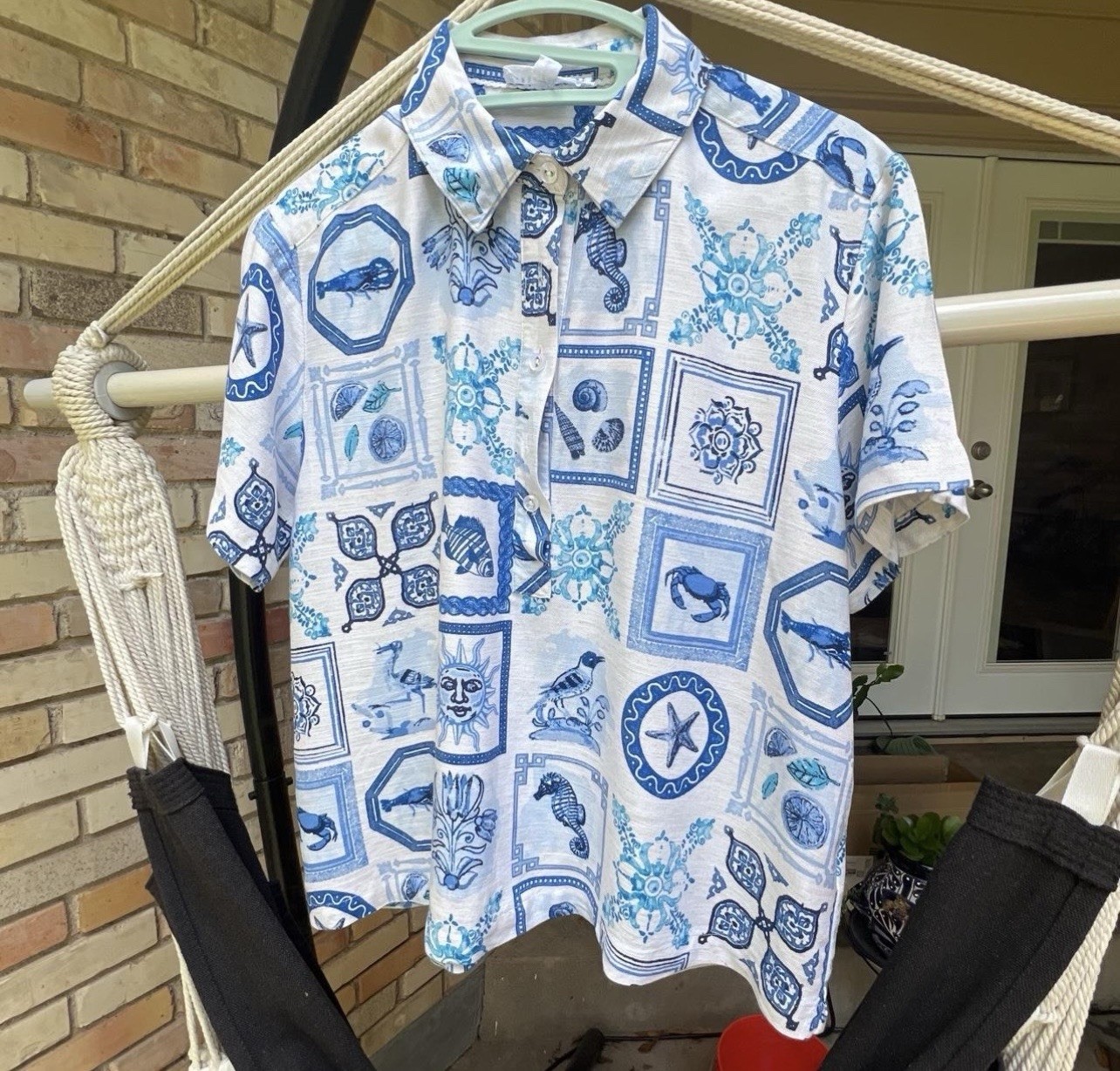 jane delancey Pullover top Linen Blend Blue Ocean Nature Theme Size M