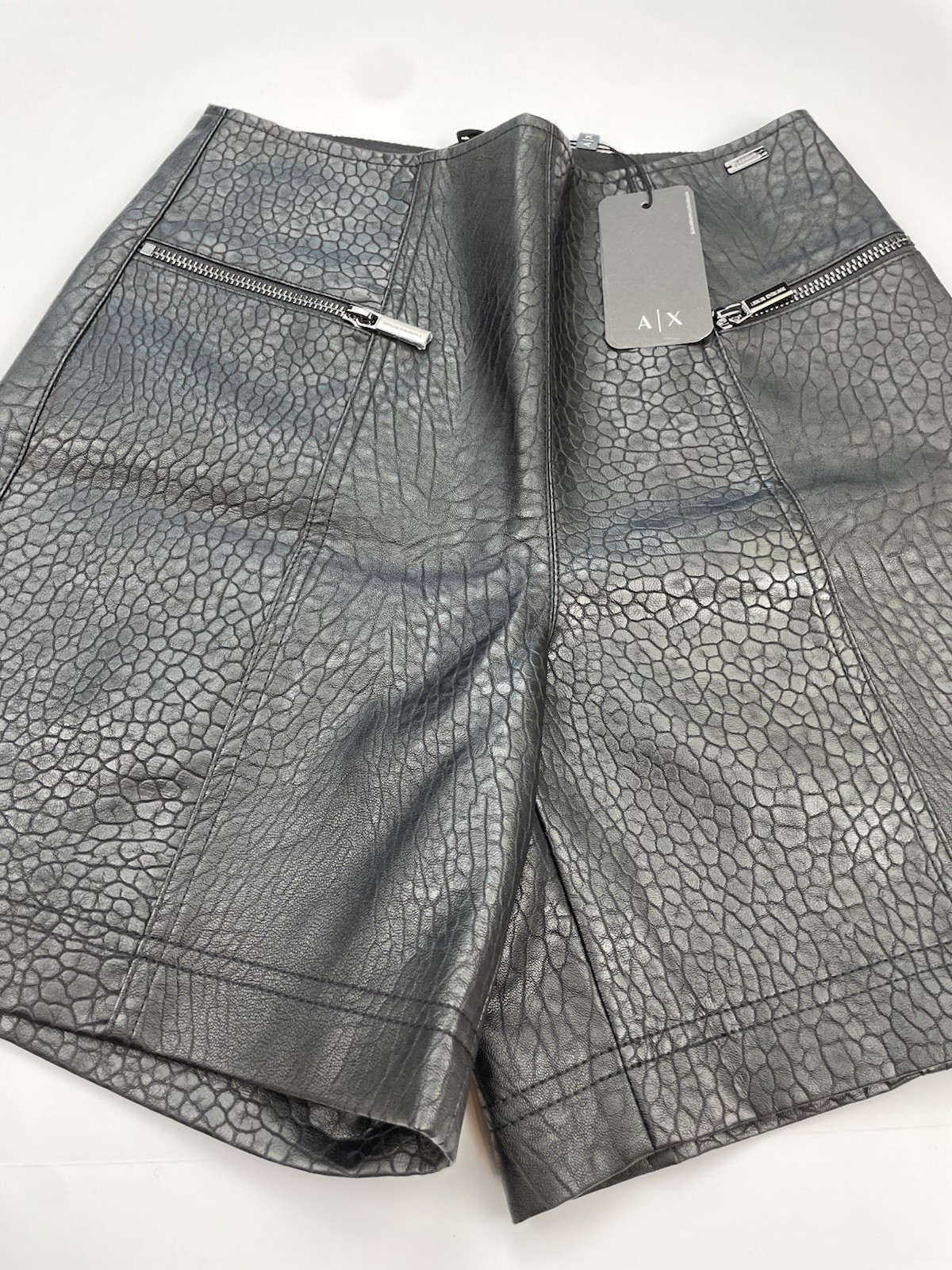NWT Armani Exchange Eco Leather High Rise Shorts Black Textured Moto Goth Size 2