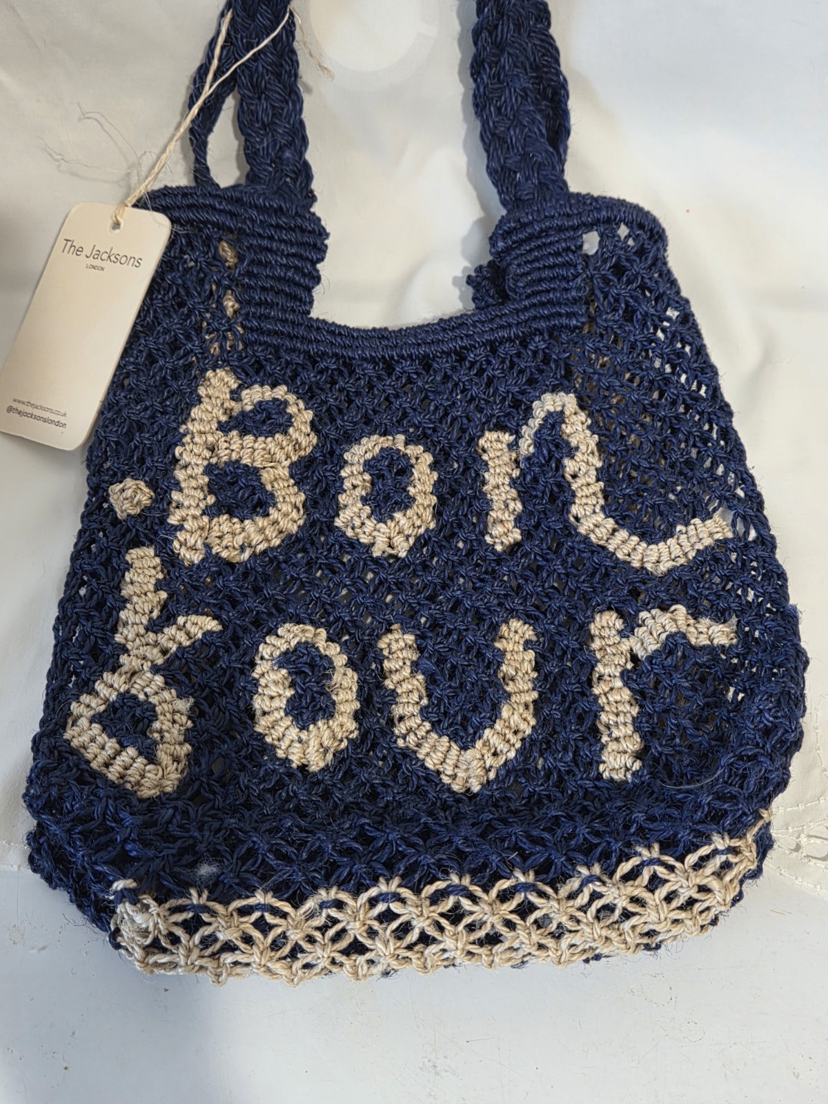 The Jacksons Bonjour Navy/Beige Small Lightweight Women’s Tote, Handmade Jute