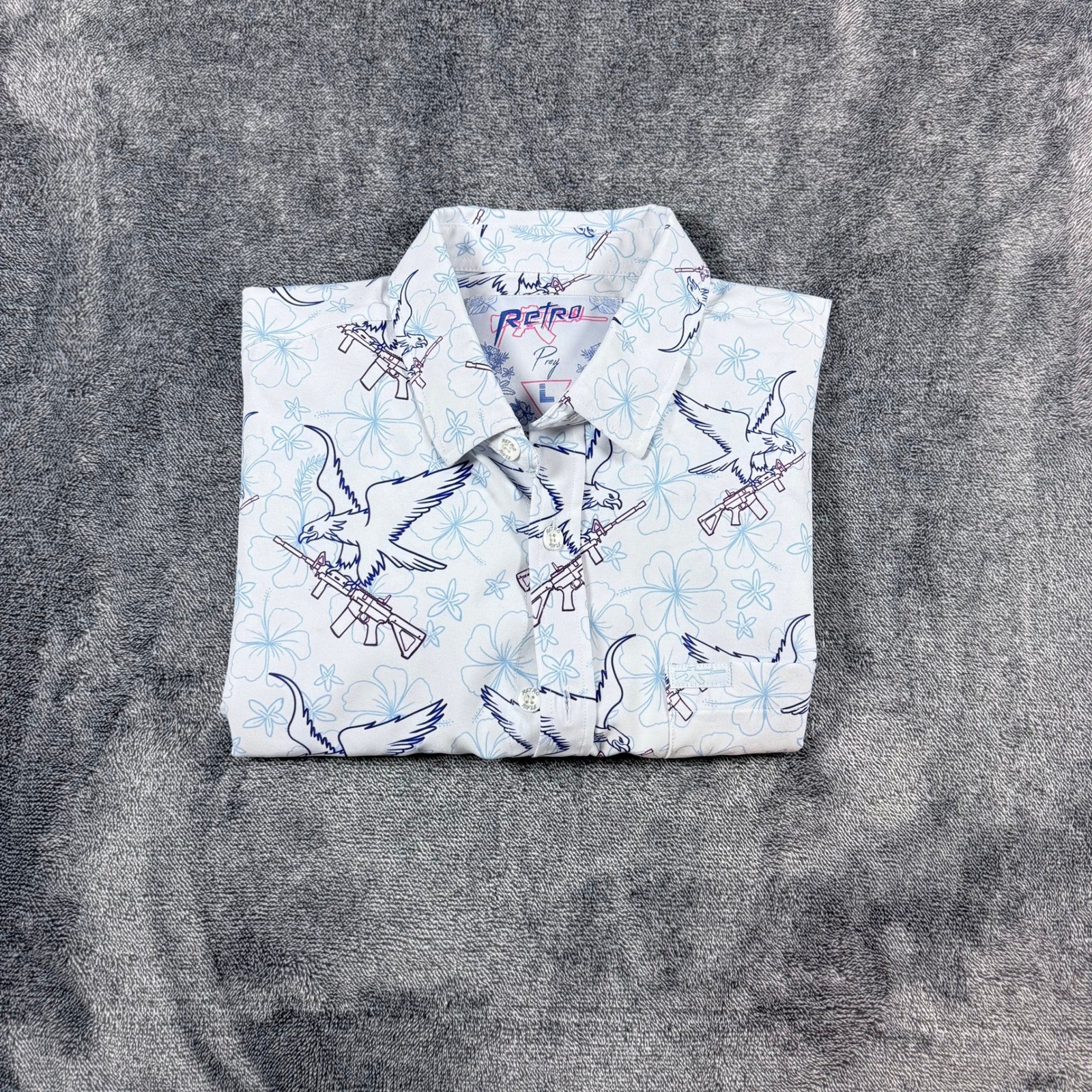 Retro Rifle Prey Mens Large White Eagle Rifle Floral Short Sleeve Button Up