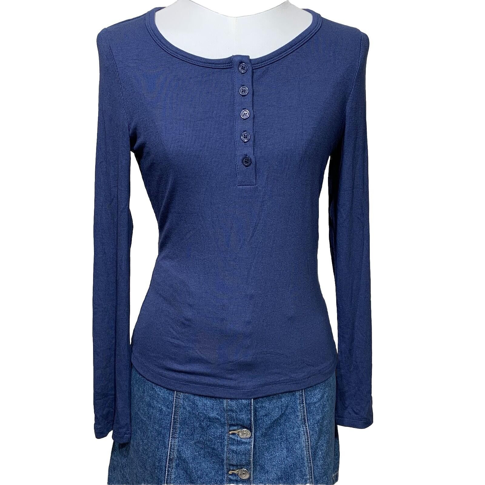 PrettyGarden Henley Top Womens Small Navy Blue Ribbed Long Sleeve Button 7510